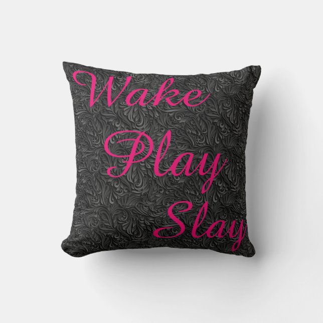 Wake Play Slay White Black and Pink  REVERSABLE Throw Pillow (Front)