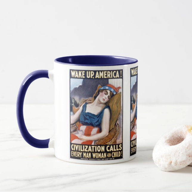 Wake Up America! Vintage Patriotic Freedom Art Mug (With Donut)
