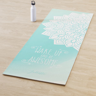 Wake Up And Be Awesome Quote   Custom Text Blue Yoga Mat