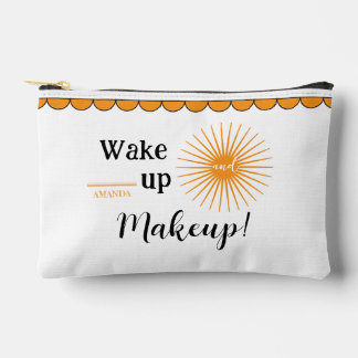 Wake up and Makeup White Orange Personalised Name  Accessory Pouch