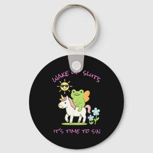 Wake Up S Its Time To Sin Funny Frog Unicorn Meme  Keychain