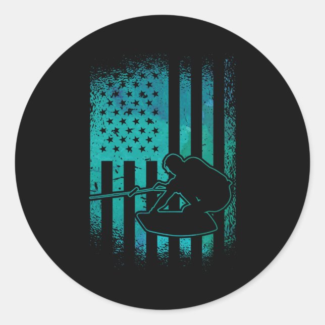 Wakeboard American Flag Wakeboarder Wakeboarding Classic Round Sticker (Front)