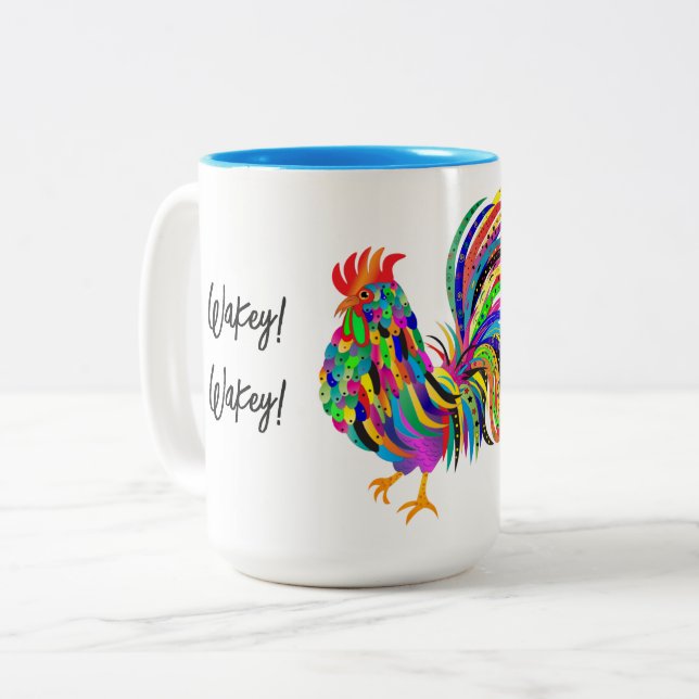 Wakey Wakey Bold Graphic Colourful Rooster Two-Tone Coffee Mug (Front Left)