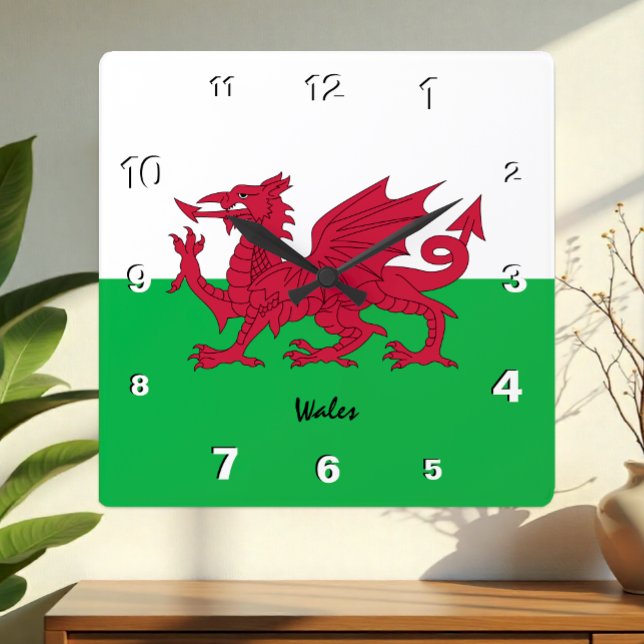 Wales Clock, patriotic home, Welsh Flag Square Wall Clock (Welsh Flag Wall Clock / Square)