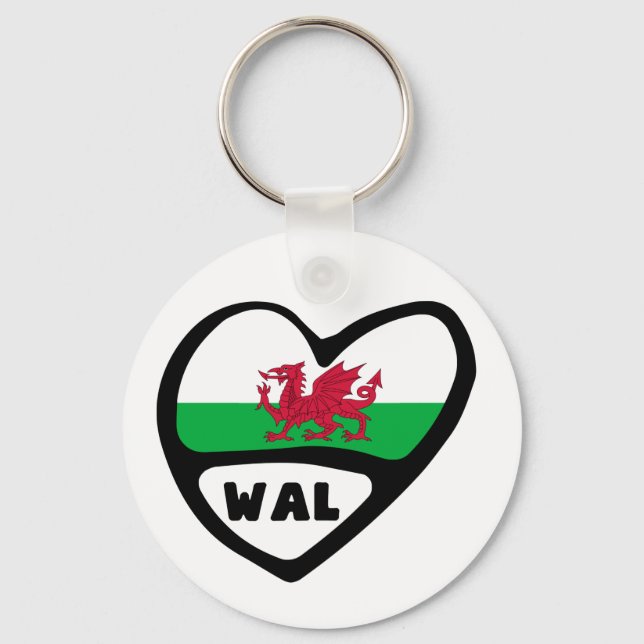 Wales Country Code Flag Heart Keyring, WAL, Cymru Keychain (Front)