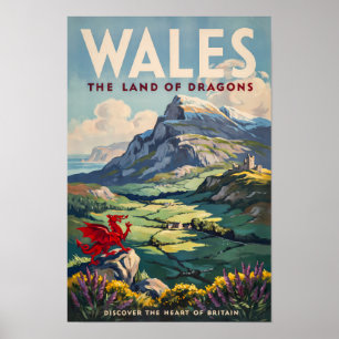 Wales Dragon Illustration Travel Art Vintage Poster