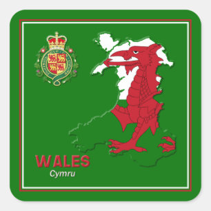 Wales Flag Map & Royal Badge Square Sticker