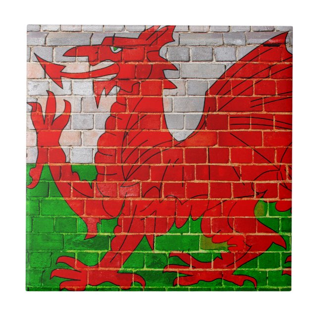 Wales flag on a brick wall tile (Front)