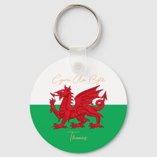 Wales For Ever Welsh Dragon Monogram Name Text Keychain