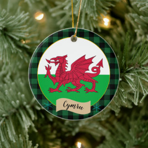Wales, Green buffalo plaid & Welsh Flag, Cymru Ceramic Ornament