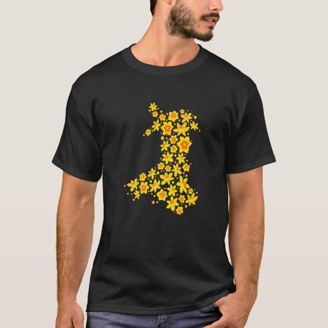 Wales Map Daffodil Welsh National Flower St Davids T-Shirt (Front)