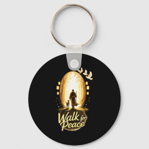 Walk for peace spiritual monk with dog and doves keychain