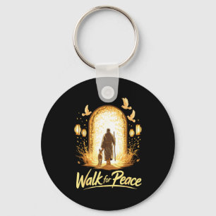 Walk for peace spiritual monk with dog and doves keychain