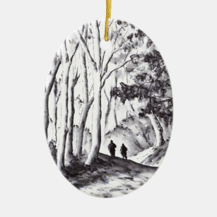 walk in the woods ink wash landscape drawing ceramic ornament