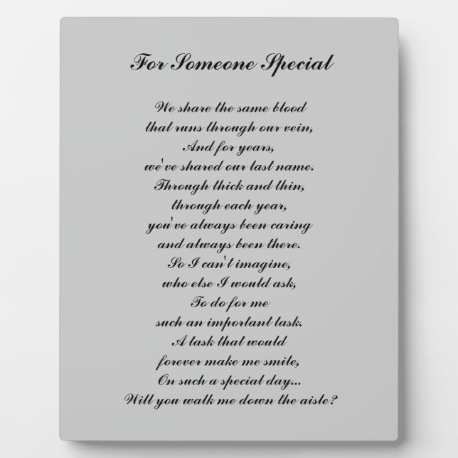 "Walk Me Down the Aisle?" Plaque (Front)