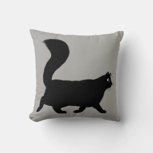 Walking Black Cat   Cool Kitty with Fluffy Tail Throw Pillow
