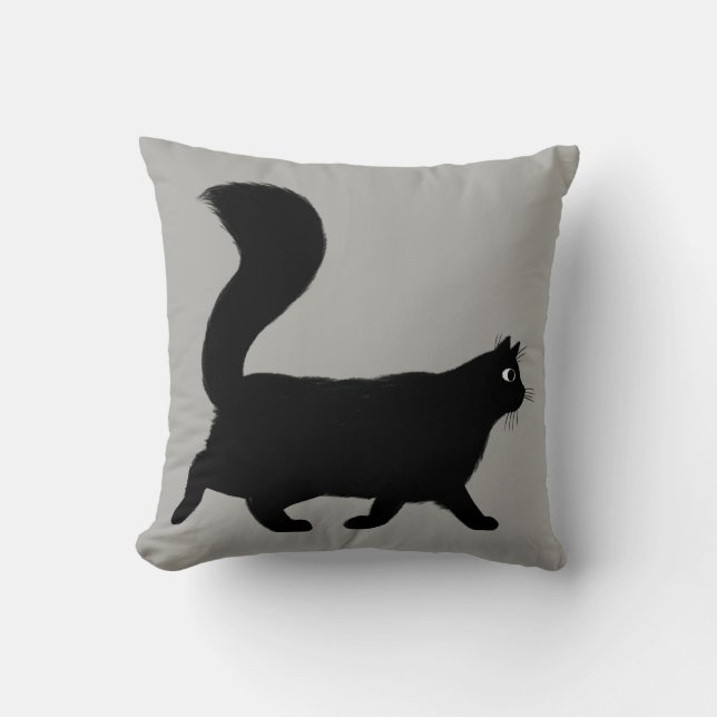 Walking Black Cat | Cool Kitty with Fluffy Tail Throw Pillow (Front)