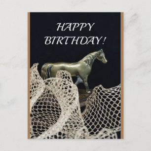 Walking horse in gold metal for a winner birthday postcard