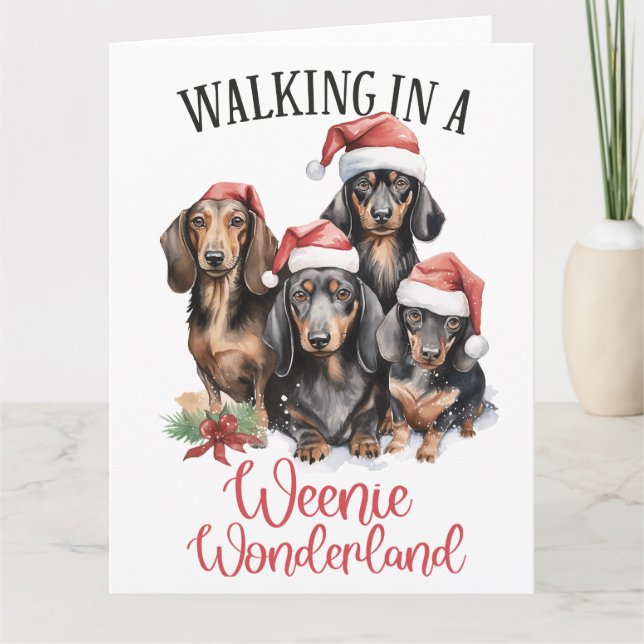 Walking In A Weenie Wonderland Dog Christmas Card (Front)