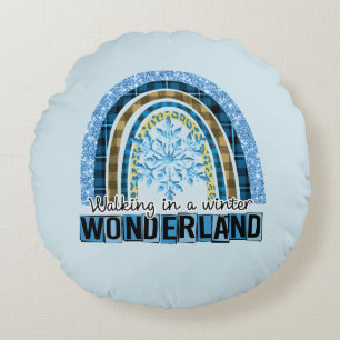Walking in a Winter Wonderland   Blue Rainbow Round Pillow