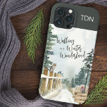 Walking in a Winter Wonderland Landscape Monogram iPhone 13 Pro Max Case<br><div class="desc">Winter Landscape phone case, lettered with "Walking in a Winter Wonderland" in trendy script typography. This rustic country design has a watercolor scene of a snowy woodland path, pine trees, a robin and an owl on the fence posts. Designed for the iPhone 13 Pro Max but will fit many other...</div>