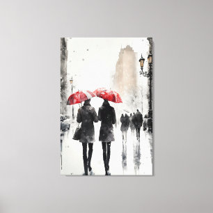 Walking in the Rain Watercolor Print