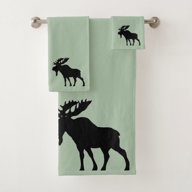 Walking Moose Silhouette On Green Bath Towel Set (Insitu)