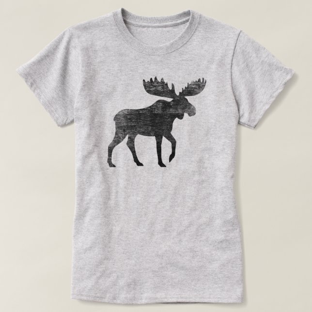 Walking Moose Silhouette Weathered Faded Style T-Shirt (Design Front)