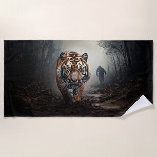 Walking Old black and orange tiger surreal forest Beach Towel