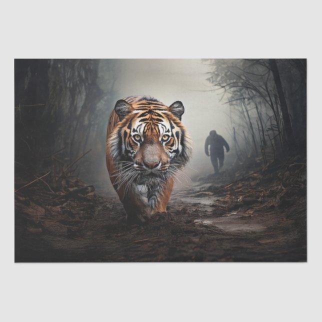 Walking Old black and orange tiger surreal forest Tissue Paper (Front)