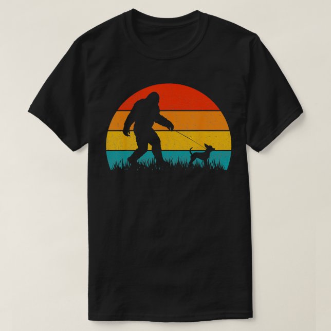 Walking Retro Sunset Off Chihuahua Dog  T-Shirt (Design Front)