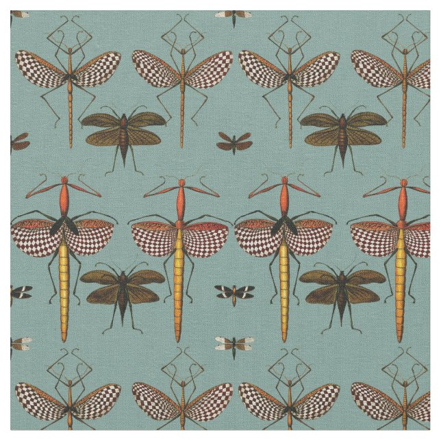 Walking sticks, Katydids and Dragonflies Fabric (Close Up)