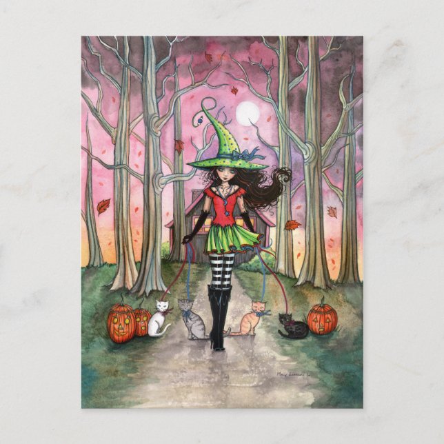 Walking the Cats Halloween Witch Postcard (Front)