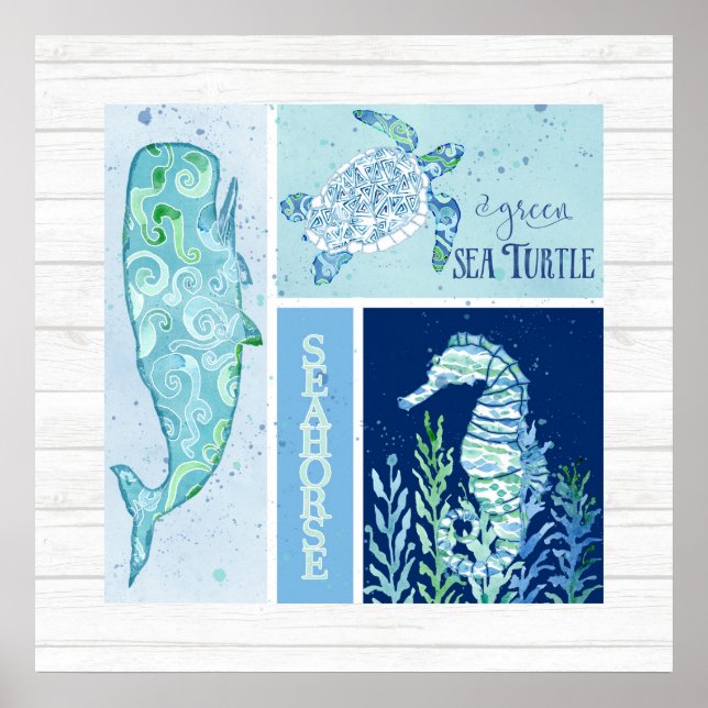 Wall Art Beach Ocean Shore Whale Turtle Seahorse (Front)