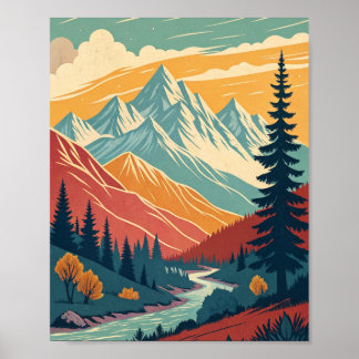 wall art poster retro mountains vibrant colours