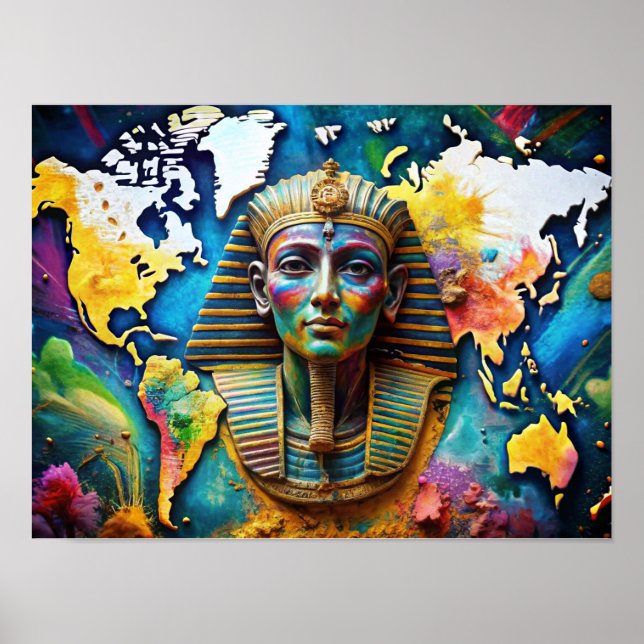 Wall Art Water Colour Pharoah Face on World Map   (Front)