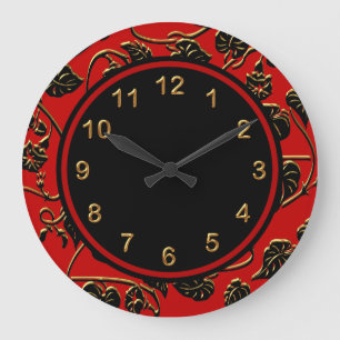Wall Clock Black Red Gold Trim Damask Floral