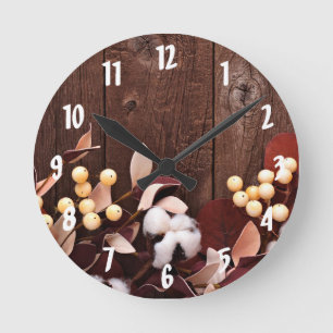 Wall Clock Cotton Branch on Dark Wood Stem Country