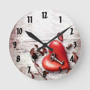 Wall Clock Country Wood Key to my Heart Rustic Tre