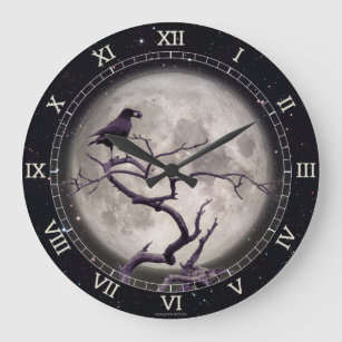 Wall Clock Crow at Night Raven Tree Gothic Fantasy