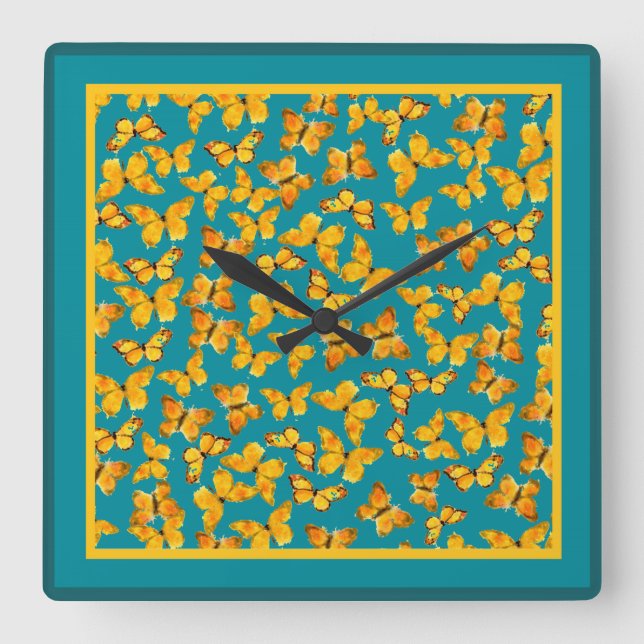 Wall Clock, Golden Butterflies on Teal Square Wall Clock (Front)