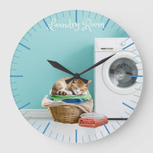 Wall Clock, Laundry Room With Cat Large Clock