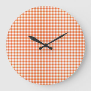 Wall Clock, Orange and White Check Gingham Large Clock