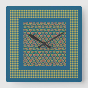 Wall Clock, Red, Green Hearts and Check Gingham Square Wall Clock