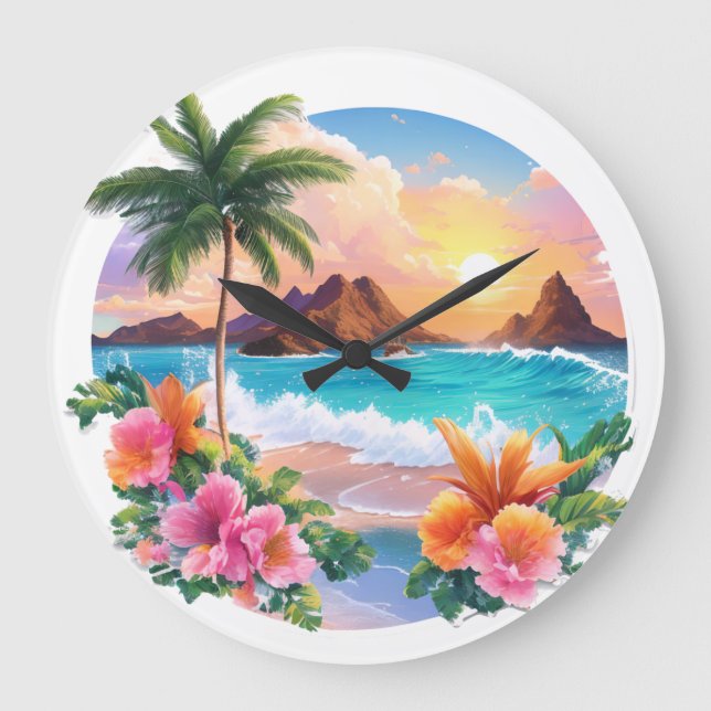 Wall Clock: Tropical Serenity Majestic Palm Tree Large Clock (Front)