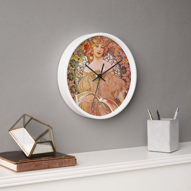  Wall Clock White Wooden Frame Art Nouveau Réverie (Office)