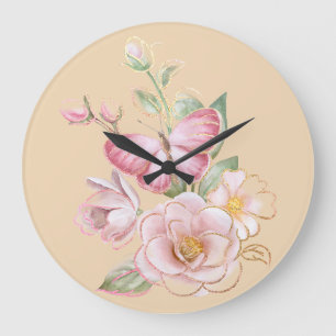 Wall Clock With Butterfly and Pink Flowers