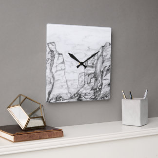 Wall Clock with canyon sketched in black and white