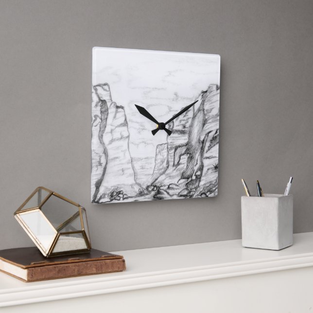 Wall Clock with canyon sketched in black and white (Office)