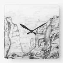 Wall Clock with canyon sketched in black and white